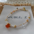 Beaded tiger eye and pearl bracelet with orange teardrop stone and golden chain finish - Red Agate Bracelet SL0107