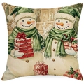 Christmas snowman cushion cover in green linen with watercolor winter holiday print - YMD15-10 (Green Hat Snowmen)