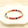 Detailed close-up of Bohemian Tila bead bracelet with colorful tile patterns and gold accents - Multicolor A-Red Pink Black Grey Yellow White
