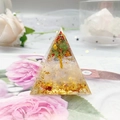 Christmas pyramid resin ornament with crystal chips, gold foil and a mini tree - Opalite Sequins