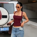 Slim fit maroon burgundy ribbed knit square neck camisole crop top for women - L / Burgundy