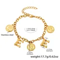 18k gold plated stainless steel bracelet with Elizabeth II coins and letter E pendants - Gold-Letter E