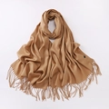 Detailed view of the soft cashmere texture and elegant fringe tassels on the camel scarf - Camel