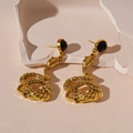 Detailed view of vintage gold snake earrings with black crystal inlay on stone - 7# 925 Sterling Silver Earring Post - Gold Snake Drop Earrings