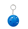 Detailed close-up of a blue perforated pickleball keychain with silver metal ring and chain - Hollow Ball Blue