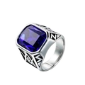 Macro detail of silver stainless steel ring with rectangular blue gemstone and masonic emblem - US 7 / Steel Dark Blue
