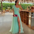 Elegant mint green one-shoulder evening gown with high slit and sheer mesh shoulder drape - Ice Blue
