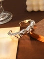 Adjustable silver-tone open bangle with liquid metal texture and high-polish finish - L153 Silver Rugged Irregular Open