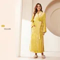 Thick light yellow flannel bathrobe with white trim and belt for men and women - Light Yellow (Female)