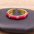 Adjustable 18K gold plated ring featuring pink enamel and sparkling white zircons - Rose Red
