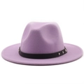 Close-up of lavender wool felt fedora with black leather band and silver metal rivets - M (56-58cm) / Taro Purple