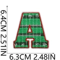Close-up of letter A varsity patch with green football field stripes and red embroidery border - Letter A