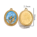 Vintage gold oval oil painting pendant with blue enamel flower and 30x21mm size label - Oval Floral Relief Pendant / Blue