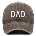 Close-up of vintage brown washed baseball cap featuring white embroidered DAD text on front - One Size / Coffee
