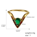 Detailed specs of V-shaped stainless steel ring with green pear zircon and colorful stones - Adjustable 7# / Gold Colorful Green Zirconia (A976)