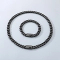 Polished black titanium steel cuban chain necklace and bracelet jewelry set - Bracelet 21cm / 10mm Wide Type C Buckle / Black