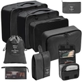 8-piece black travel luggage organizer set with mesh bags and toiletry pouches - Cosmetic & Toiletry 9-Piece Set / Black