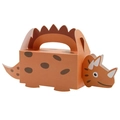 Orange dinosaur party favor box featuring a 3D triceratops shape and integrated handle - Orange