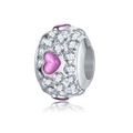 Pink heart charm bead in silver finish with pavé set cubic zirconia and pink enamel - Pave Heart with Pink Center