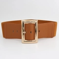 Women's vintage wide elastic belt in brown faux leather with a gold rectangular buckle - Smooth Rectangular Buckle Style (EL250-2) / Camel