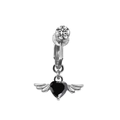 Silver gothic clip-on earrings with black heart gemstone and detailed angel wing design - Black Heart Wings