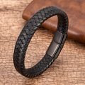 Detail of a black braided leather bracelet featuring a sleek black magnetic steel clasp - Black Woven Leather With All Black Magnetic Clasp