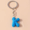 Blue letter K keychain with embossed rose pattern and silver metal ring accessory - Letter K