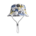 Detail view of white kids bucket hat with excavator prints and adjustable grey chin strap - Style 10 (Blue Truck)