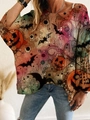 Women's Halloween knit sweater featuring pumpkin prints and hollow crochet texture - S / Beige