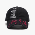 Casquette de baseball en coton noir avec broderie blanche et détails usés rouges - Réglable / Noir
