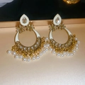 Detail of ethnic gold earrings with white enamel, rhinestones and pearl tassels - Gold White Enamel Pearl Tassel (4# Gold-White Steel Pin)