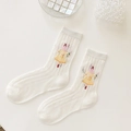 Creamy white crew socks with hollow diamond knit texture and cute girl embroidery - One Size / Creamy Yellow