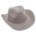 Detail of taupe woven straw cowboy hat showing texture and classic curved brim - Gray
