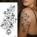 Sketch style black and white peony flower tattoo sticker on shoulder, model BK-040 - Pattern BK-040