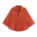 Women's loose brick red shirt featuring a turn-down collar and semi-open four-button placket - Orange Red