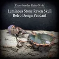 Vintage bronze raven skull pendant necklace with purple amethyst and labradorite stone - Crow Skull Labradorite Pendant