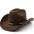 Brown western cowboy hat in suede felt with ethnic beaded band on white background - M (56-58cm) / Coffee