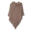 Women's tan knit hooded poncho with faux fur collar and fringed hem design - Khaki