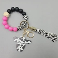 Pink and black cow print silicone bead bracelet keychain with Mama bull head charm - Rose Red
