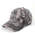 Detail of distressed grey acid wash denim baseball cap with frayed multi-color fibers - Adjustable / Denim Black-Multicolor