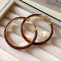 Detail of gold C-shaped hoop earrings with red-brown woven leather texture - 10# Silver Earring Post - Gold Brown (Leather Woven Look)