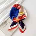 Silk square scarf featuring blue and orange geometric prints with a satin finish - Semicircle Inlaid Leaf Red Border