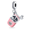 Pendentif boîtier d'écouteurs en émail rose et métal argenté avec des zircons - Charm Casque Bluetooth (PAC165)