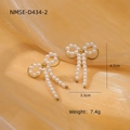 Elegant pearl bow earrings in gold finish on satin background, 4.7cm height - Large Pearl Linked Bow Tassel Style (NMSE-D434-2)