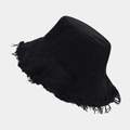 Close-up of frayed brim detail on black washed cotton bucket hat for outdoor sun protection - One Size / Black