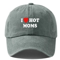 Detailed close-up of gray washed cotton baseball cap with white I Love Hot Moms embroidery - Adjustable / Gray