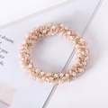 Detail of pink crystal beads and white pearls on a stylish handmade elastic hair tie - 20# Pink Crystal Pearl Hair Tie
