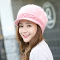 Pink winter knit hat for women featuring faux fur plush top and pearl accents - One Size / Pink (Square Pearl Style)
