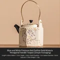 Hand-painted wisteria ceramic hexagonal teapot with gold trim and top metal handle - Hexagonal Teapot with Handle [Simple Pack]