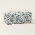 Quilted white cotton makeup bag featuring blue vegetable pattern and side zipper - Dark Blue Flowers
